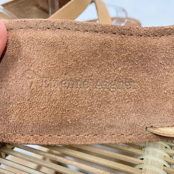 Etienne Aigner Fresca‎ Sandals, Size 8M, Beige, Leather Strap, Wood Base, Heels - Picture 5 of 7